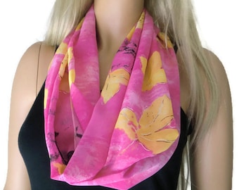 Chiffon infinity scarf Pink with yellow leaves ,Extra long, Chiffon cowl