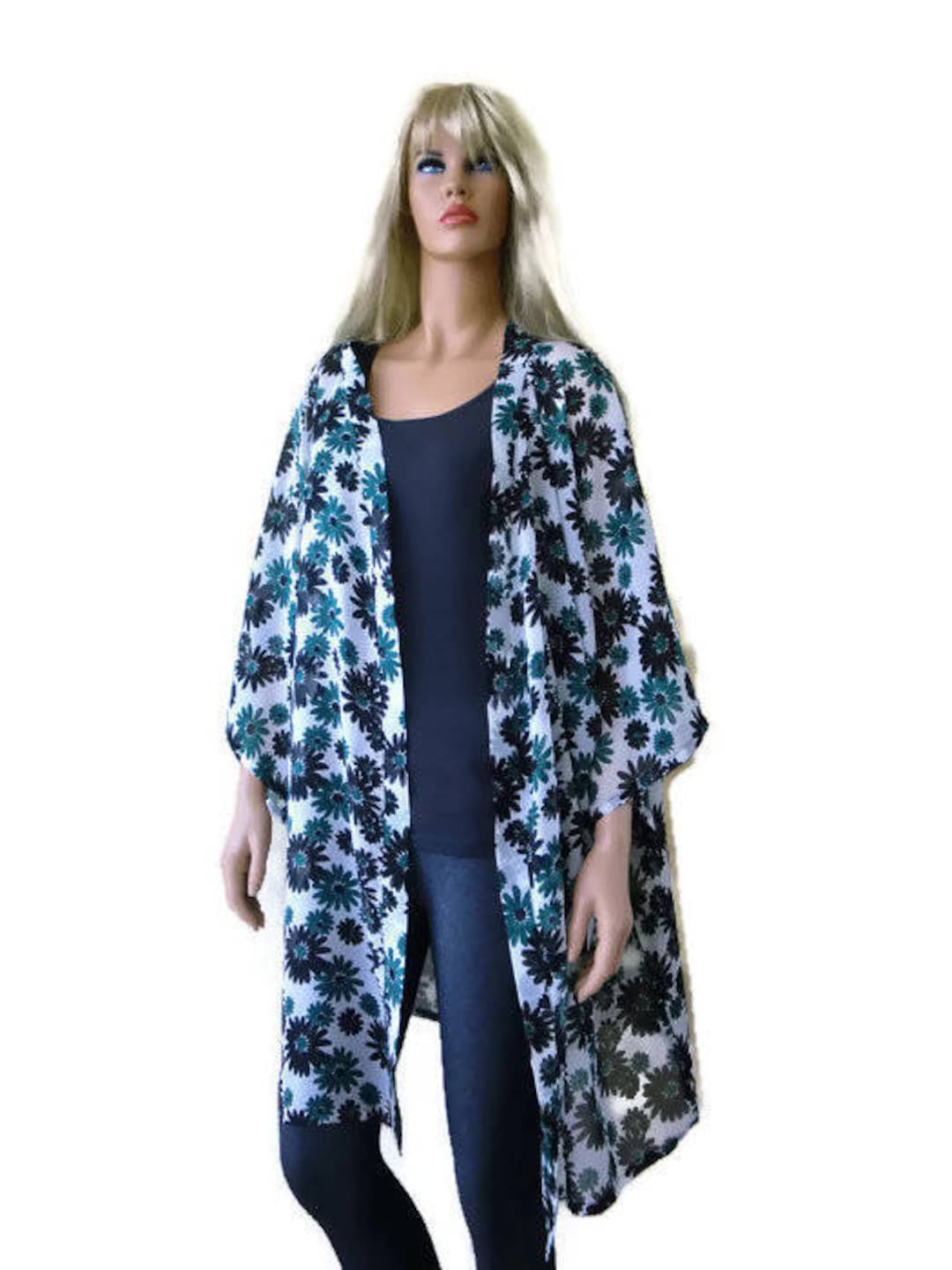 Floral Kimono With Wide Sleeves/ Classic Kimono Cardigan-green Black White Floral  Kimono Jacket chiffon Kimono 