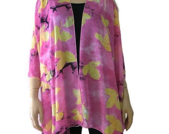 pink and yellow Kimono cardigan with silver touched leaves- summer collection-Beach Kimono-Layering piece