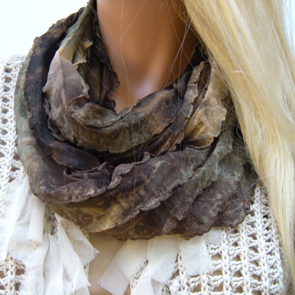 reserved for Jodi-Timeless Glamour in dark Earth colors  Flamenco  Necklace Scarf  with Gold shimmer earthy Infinity scarf