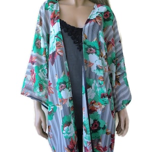 Green Magnolias Chiffon Kimono cardigan with wide sleeves  50&quot; wide,34&quot;long  oversized kimono