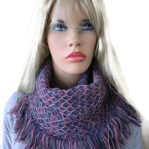 Fringe winter infinity scarf-Rustic cowl-Unisex textured knit cowl Navy, pink and beige-Unisex scarf for men and women image 1