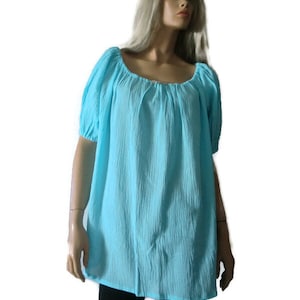 Soft turquoise blue  cotton crinkle gauze peasant blouse
