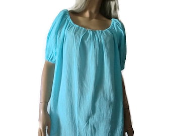 Soft turquoise blue  cotton crinkle gauze peasant blouse