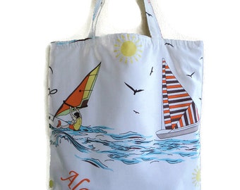 Globetrotter canvas tote bag with wind surfer and sailboat-beach bag- Book bag-School bag- Lined carry all tote bag