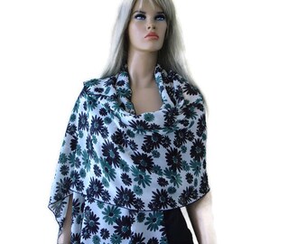 Daisies floral summer shawl,Green Black and white Generous  Sizing- Oversized chiffon shawl