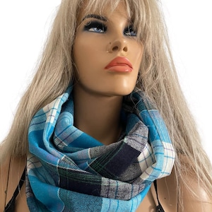 Blue plaid flannel winter infinity scarf/ cowl /Loop  scarf unisex flannel  blue Infinity Scarf
