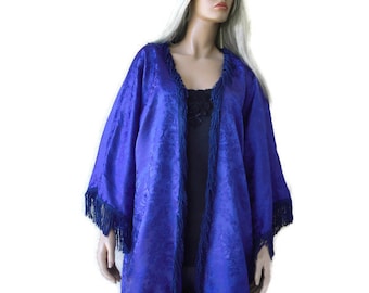 Royal Purple Fringe Kimono: Wide Sleeve Boho Crepe Plus Size