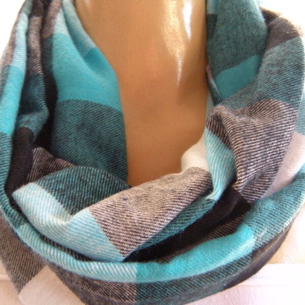 Casual Plaids...Warm Flannel.. Cowl....Black, White , Turquoise  and Gray ..Mobius scarf...Infinity Scarf..