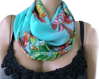 Tutti frutti,Aqua blue chiffon infinity scarf Colorful fruits - chiffon Scarf Cowl, loop circle scarf-Instant gratification...