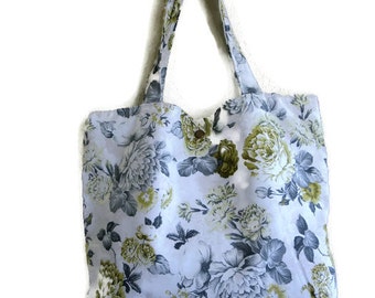 Floral canvas tote bag with yellow green- book bag,Lined carry all tote bag