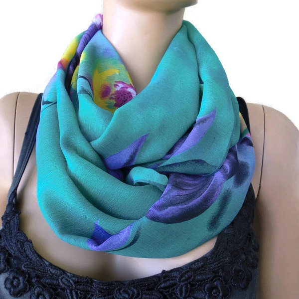 Emerald green and purple chiffon infinity scarf Extra full Cowl, loop circle scarf-Instant gratification...