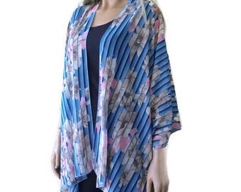 Blue Pink and Beige Boho Kimono cardigan-Floral print kimono-Chiffon Ruana-Many colors