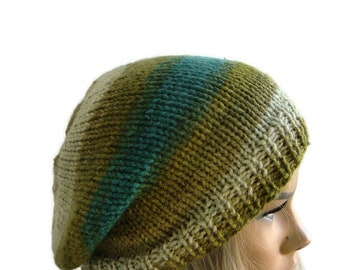 North star slouchy Hat/ Mutze, Green striped-olive and teal teal Knit hat for teens and adults-unisex