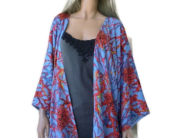 Coral reef inspired, Leke blue and coral red  kimono with wide sleeves, natural fibers 55" inches wide,34.5"  long ,one size