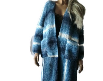 Bear Hug,shades of blue Gorgeous hand knit bohemian coat. Only one available