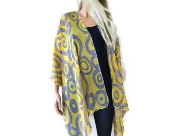 Kimono cardigan - Yellow and gray granite swirls chiffon kimono-Lagenlook Chiffon oversize Kimono-Ruana