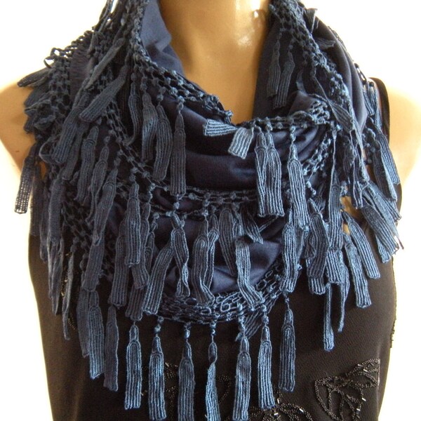 La Boheme..Navy Blue...laced and fringed Necklace/Infinity scarf. Love story.