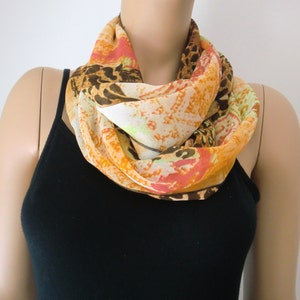 Chiffon infinity scarf,Harvest colors,patchwork print/ chiffon cowl Instant gratification