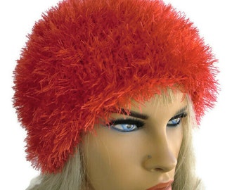 NEW Funky and furry soft red  Roll Hat/ Mutze-- Hand -Knit hat for teens and adults-More colors are coming-Winter hats