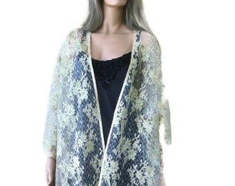 Antique Gold kimono style overcoat, Gorgeous slightly beaded tulle  lace kimono Oversized 52 wide,34.5 inches long French tulle  kimono ,