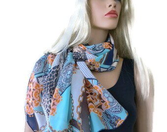 Blue brown geometric patches extra  Long chiffon scarf-summer scarves