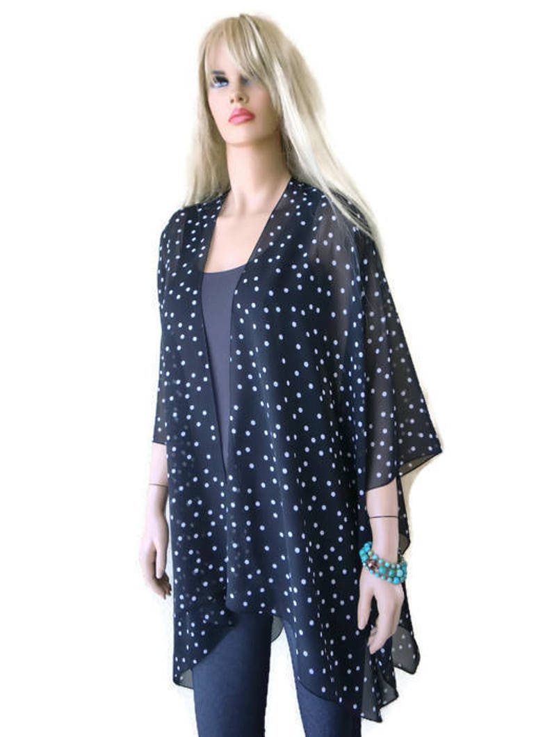 Black and White Polka Dot and Blue Floral, Boho Kimono Lagenlook Style