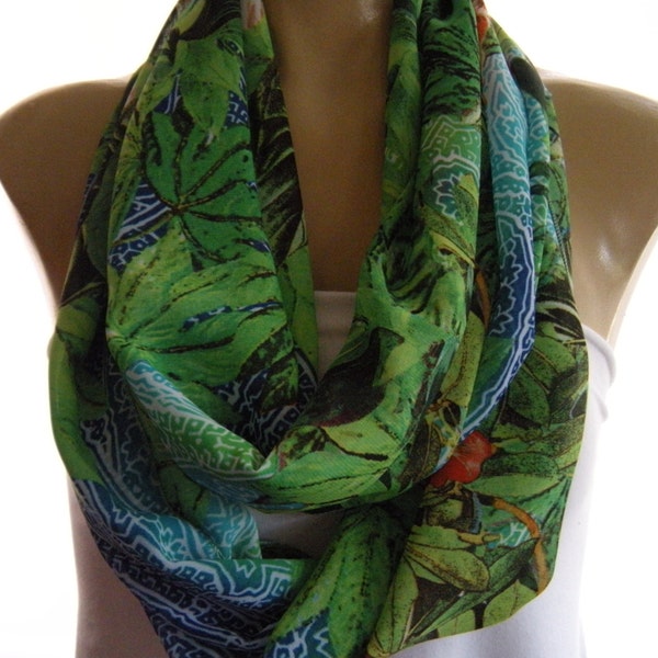 Rainforest chiffon infinity scarf Shades of greens and blue Necklace Scarf  Loop circle scarf  Euro Chic...