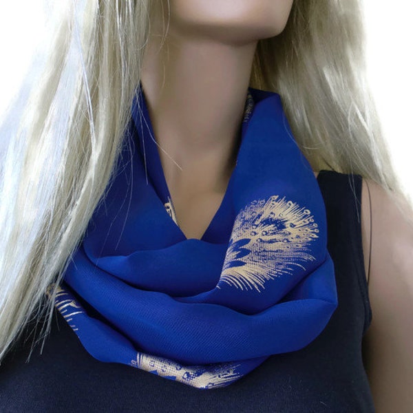 Cobalt blue with gold feather print Chiffon infinity scarf in royal blue/ cowl- Instant gratification-women summer scarves