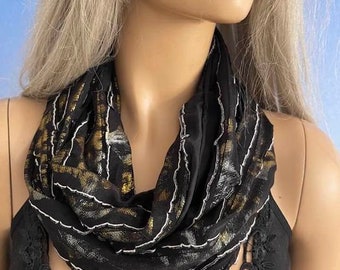 Glamorous black Infinity scarf  Flamenco Necklace Scarf  Black, gold, and silver ruffle cowl,Festive scarf