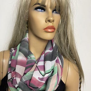 Wavy Chiffon Infinity Scarf, Gray Mint Berry Lilac Print