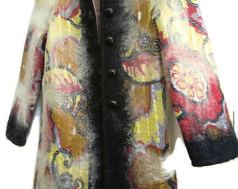 Felted Winter Art Coat: Silk Cotton Blend, Handmade Frog Closures
