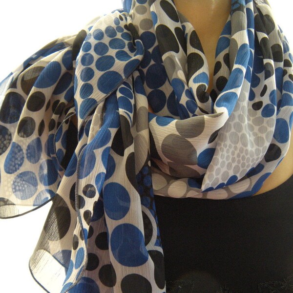 Bubbles in Cobalt,Black and Gray...Parisian Neck Tissu...Chiffon scarf