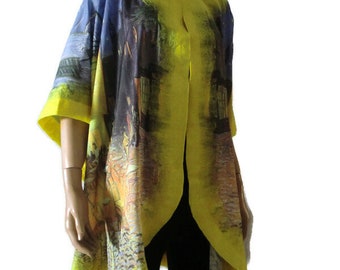 Master painting, Striking yellow and lavender art print ,Felt and silk Opera top Poncho ,ruana ,wrap- Amazing top in my beloved Kimono style