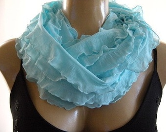Aqua larimar ruffled infinity scarf, Ruffle cowl in aqua blue , Flamenco Necklace Scarf -Le dernier cri