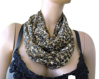 Brown and black leopard/animal print infinity scarf -Brown black animal print  leopard chiffon Scarf Cowl-Instant gratification...