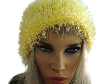 NEW Funky and furry yellow knit hat 2023-20242 Roll Hat/ Mutze-- Hand -Knit hat for teens and adults-More colors are coming-Fall-Winter hats