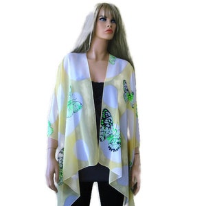 Kimono cardigan - Butterflies Yellow white and green Chiffon oversize Kimono-Ruana