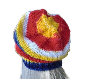 North star slouchy Hat/ Mutze, Blue Red yellow white- Knit hat for teens and adults-unisex