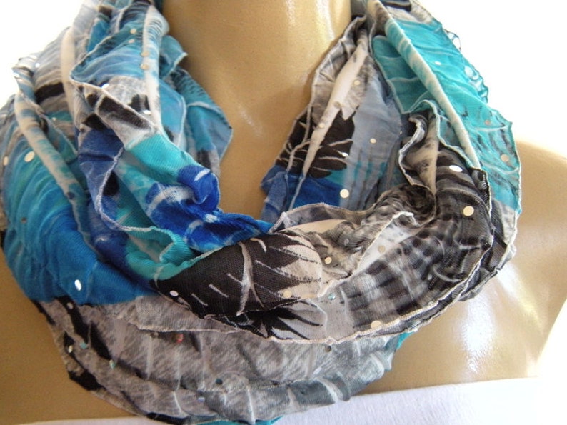 Blue sparkly infinity scarf-Shades of Bora Bora ruffled infinity scarf Flamenco Necklace scarf Slightly sequined cowl, circle loop scarf image 1