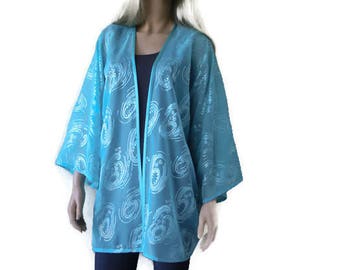 Soft turquoise Organza/Chiffon Kimono with wide sleeves-Aqua Blue with gold touches-plus size kimono-Festliche Mode