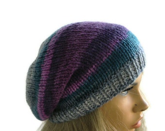 North star slouchy Hat/ Mutze, Colorful striped-Plum gray and teal Knit hat for teens and adults-unisex