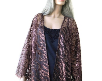 Chocolate brown tulle kimono jacket,Gorgeous tulle  lace kimono with sequins embroidery,47 wide,30.5 inches long Italian tulle  kimono ,