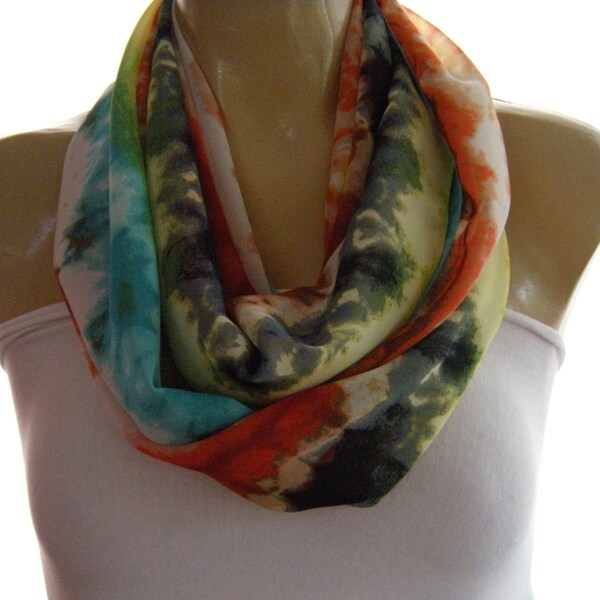 Batik..Aqua, orange, Lime green, Gray and White...Spring scarf...Chiffon scarf..Infinity scarf....Instant gratification...