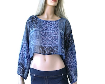 Denim/Indigo blue chiffon crop top with patchwork print/shrug crop top with wide sleeves-only one available,Size M/L