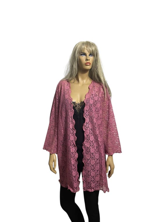 Dusty Rose Floral Lace Kimono Cardigan: Plus Size Wide Sleeve