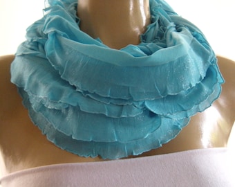 Shimmery Caribbean Blue infinity scarf with ruffles  Sea blue ruffle circle scarf Flamenco..Necklace Scarf Le dernier cri