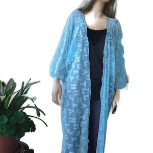 Belles-lettres, long sheer Blue kimono to beat the Writer&#39;s block, 50 inches wide,49 inches long , Textilemonster