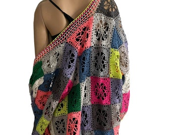 Hand-Crocheted Organic Cotton Lace Cardigan - Multicolor Boho Duster