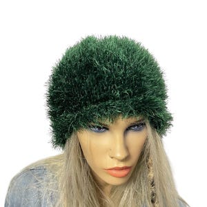 Hand-Knit Hunter Green Furry Yarn Roll Hat: Teens & Adults